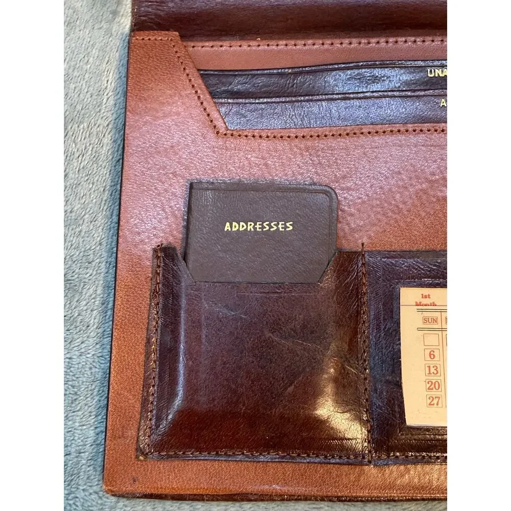Vintage Brown Leather Folio Desk Organizer Address Book Notes Calendar 7x11 inch